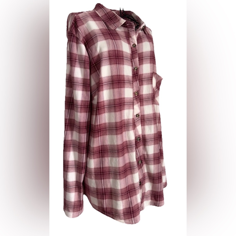 No Comment Womens Flannel Shirt Plus 2X Roll Tab Sleeve Soft Stretch Pink White